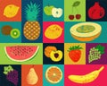 Pop Art grunge style fruit poster. Collection of retro fruits. Vintage vector set of fruits.