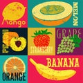 Pop Art grunge style fruit poster. Collection of retro fruits. Vintage vector set of fruits.