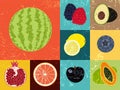 Pop Art grunge style fruit poster. Collection of retro fruits. Vintage vector set of fruits. Royalty Free Stock Photo