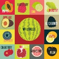 Pop Art grunge style fruit poster. Collection of retro fruits. Vintage vector set of fruits. Royalty Free Stock Photo