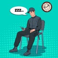 Pop Art Guard Man Sleeping at Work. Security Worker Resting on Armchair at Workplace Royalty Free Stock Photo