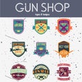 Pop art gun shop logotypes and badges vector set