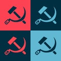 Pop art Hammer and sickle USSR icon isolated on color background. Symbol Soviet Union. Vector Royalty Free Stock Photo