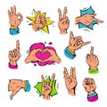 Pop art hands fingers showing gesture and human symbols hands different popart handle pose signal vector illustration.