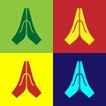 Pop art Hands in praying position icon isolated on color background. Prayer to god with faith and hope. Vector