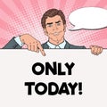 Pop Art Handsome Businessman Pointing on Blank Poster. Template for your Advertisement. Man Holding Empty Banner Royalty Free Stock Photo