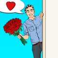 Pop Art Handsome Man with Flowers Bouquet Roses