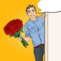 Pop Art Handsome Man with Flowers Bouquet Roses