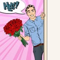 Pop Art Handsome Man with Flowers Bouquet Roses