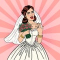 Pop Art Happy Bride with Flowers Bouquet Showing Wedding Ring Royalty Free Stock Photo