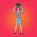 Pop Art Happy Business Woman Holding Laptop. Secretary with Computer Royalty Free Stock Photo