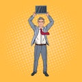 Pop Art Happy Businessman Holding Laptop above his Head Royalty Free Stock Photo