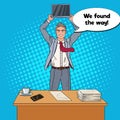 Pop Art Happy Businessman Standing at the Office Table and Holding Laptop Royalty Free Stock Photo