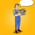 Pop Art Happy Farmer Holding Basket with Fresh Vegetables Royalty Free Stock Photo