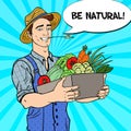 Pop Art Happy Farmer Holding Basket with Fresh Vegetables Royalty Free Stock Photo