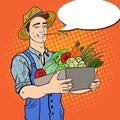 Pop Art Happy Farmer Holding Basket with Fresh Vegetables Royalty Free Stock Photo