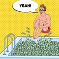 Pop Art Happy Man Jumping to the Pool of Money. Successful Businessman. Financial Success, Wealth Concept Royalty Free Stock Photo