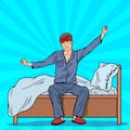 Pop Art Happy Man Stretching on Bed after Waking Up