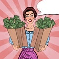 Pop Art Happy Rich Woman Holding Bags with Money and Comic Speech Bubble