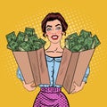 Pop Art Happy Rich Woman Holding Bags with Money