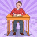 Pop Art Happy Schoolboy Sitting at School Desk. Education Concept