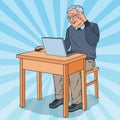 Pop Art Happy Senior Man Using Laptop. Smiling Grandfather with Computer Royalty Free Stock Photo