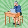 Pop Art Happy Senior Woman Using Laptop. Smiling Grandmother with Computer Royalty Free Stock Photo