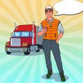 Pop Art Happy Trucker Standing in front of a Truck. Professional Driver Royalty Free Stock Photo