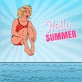 Pop Art Happy Woman Jumping into the Sea. Hello Summer Beach Vacation Concept Royalty Free Stock Photo