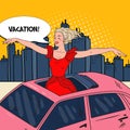 Pop Art Happy Woman Standing in a Car Sunroof with Arms Wide Open in the City