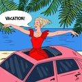 Pop Art Happy Woman Standing in a Pink Car Sunroof with Arms Wide Open. Beach Vacation