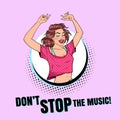 Pop Art Happy Young Woman Dancing. Excited Teenager Girl. Disco Club Vintage Poster, Music Placard Royalty Free Stock Photo