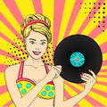Pop art happy young woman with a phonograph record. Musical plate raster. Imitation comic style.