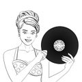 Pop art happy young woman with a phonograph record. Musical plate raster. Imitation comic style. Object Coloring book