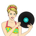 Pop art happy young woman with a phonograph record. Musical plate raster. Imitation comic style. Object on a white