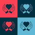 Pop art Heart in hand icon isolated on color background. Hand giving love symbol. Valentines day symbol. Vector Royalty Free Stock Photo