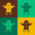 Pop art Holiday gingerbread man cookie icon isolated on color background. Cookie in shape of man with icing. Vector Royalty Free Stock Photo