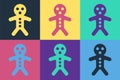 Pop art Holiday gingerbread man cookie icon isolated on color background. Cookie in shape of man with icing. Vector Royalty Free Stock Photo