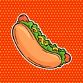 Pop Art HoT Dog sandwich with mustard and lettuce, vector tasty Fast Food banner in comic style