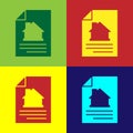 Pop art House contract icon isolated on color background. Contract creation service, document formation, application Royalty Free Stock Photo