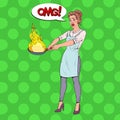 Pop Art Housewife in the Kitchen Holding Pan. Afraid Young Woman in Apron Cooking with Burning Pan