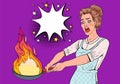 Pop Art Housewife in the Kitchen Holding Pan. Afraid Young Woman in Apron Cooking with Burning Pan Royalty Free Stock Photo