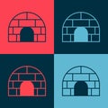 Pop art Igloo ice house icon isolated on color background. Snow home, Eskimo dome-shaped hut winter shelter, made of