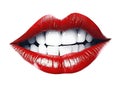 A pop-art illustrated female mouth with bright red shiny lips, two rows of white smiling teeth - isolated against white background