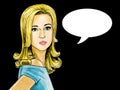 Pop Art illustration of blonde woman with the speech bubble. Royalty Free Stock Photo