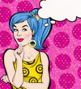 Pop Art illustration blue hair girl with the speech bubble.Pop Art girl. Party invitation. Royalty Free Stock Photo