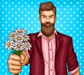 pop art illustration of a brutal bearded man, macho with bouquet of chamomiles