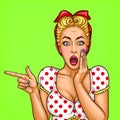 pop art illustration of an excited blonde woman telling a secret information about a sale