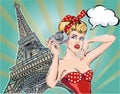 Pop Art illustration Fashion woman near Eiffel Tower takes pictures Royalty Free Stock Photo