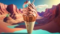 A pop art illustration of a giant ice cream cone melting into the Grand Canyon, 3D rendering, Generative Ai